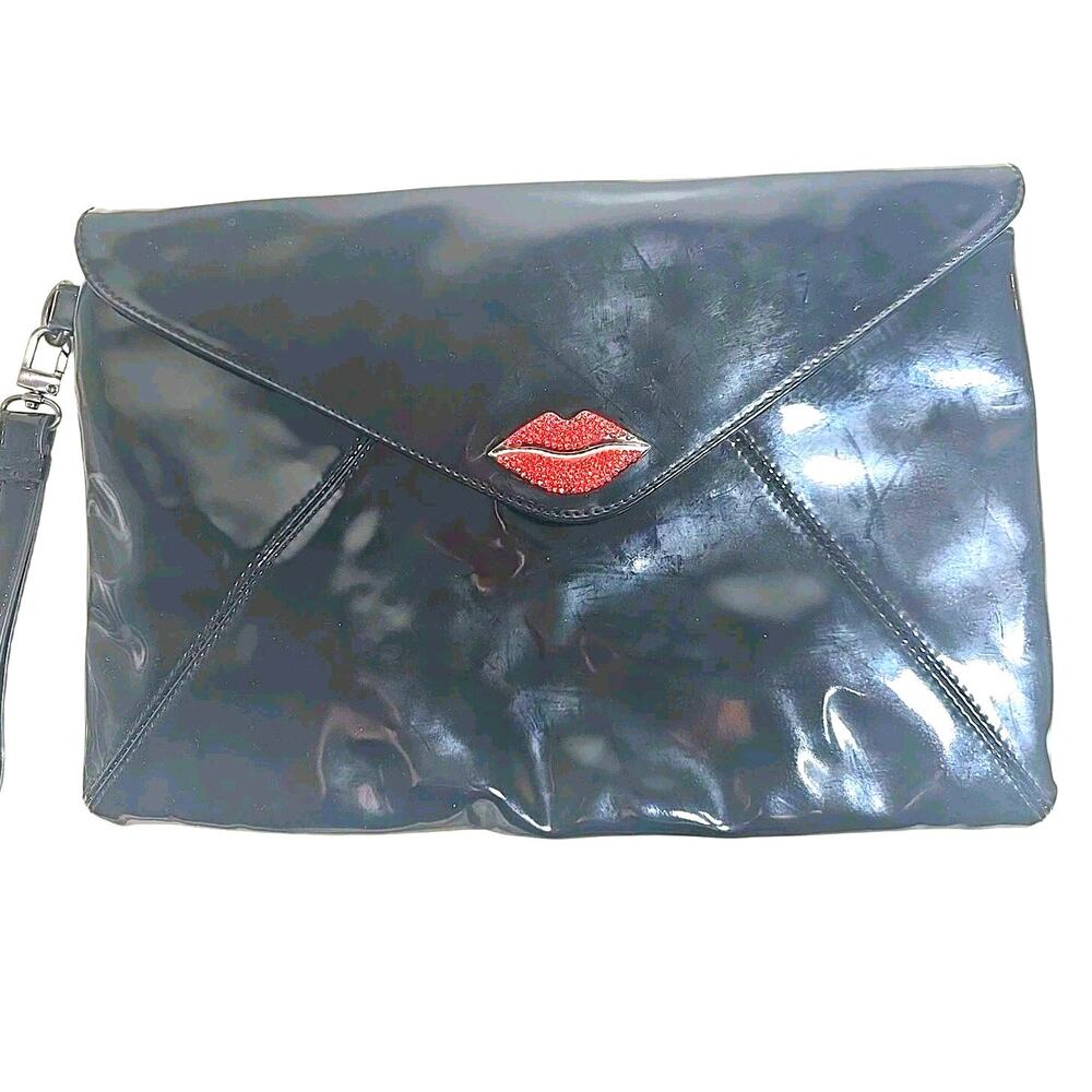 Kirna Zabete Black Patent Envelope Clutch Red Kiss Lips Wristlet with Strap